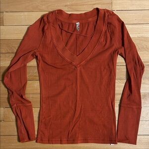 Free People Rust V-Neck Long Sleeve Top